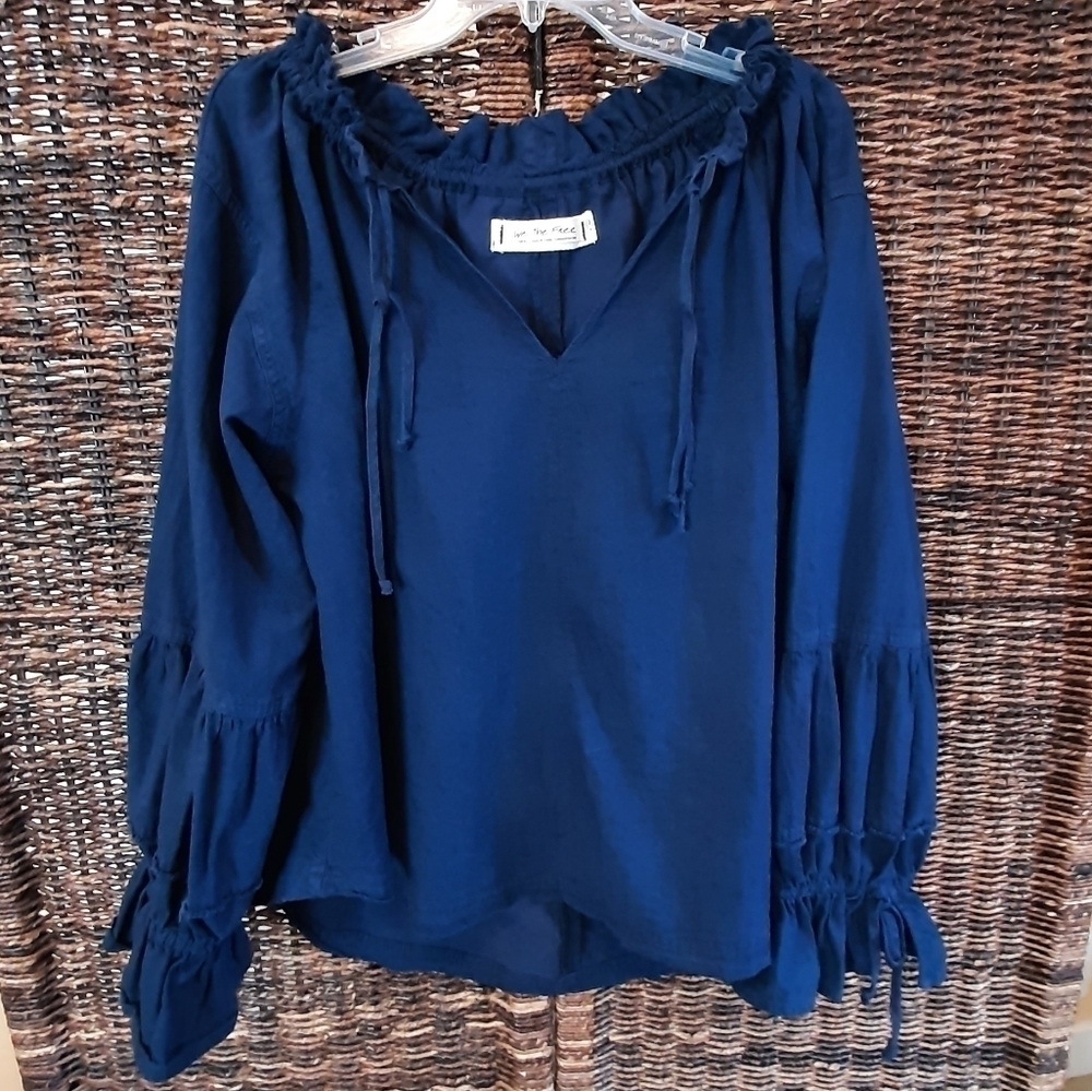We The Free People Small Alpine Denim Balloon Sleeves Peasant Oversized Shirt